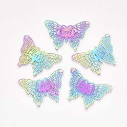 Rainbow Color Ion Plating(IP) 201 Stainless Steel Filigree Pendants, Etched Metal Embellishments, Butterfly, Rainbow Color, 26x37.5x0.2mm, Hole: 1.8mm