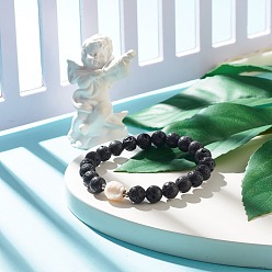 Черный Эластичный браслет из бусин из натурального жемчуга и вулканического камня, украшения из драгоценных камней с эфирными маслами для женщин, чёрные, внутренний диаметр: 2-1/8 дюйм (5.4 см)