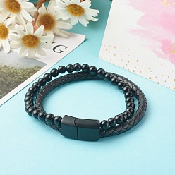 Black Natural Obsidian Round Beads Multi-strand Bracelets, with Braided Cowhide Leather, Black, 8-7/8 inch(22.5cm)