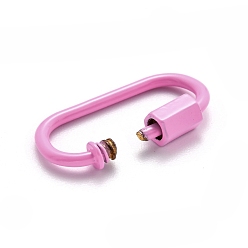 Pink Spray Painted Brass Screw Carabiner Lock Clasps, for Necklaces Making, Oval, Pink, 26x13x2mm