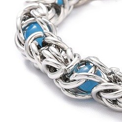 Deep Sky Blue 304 Stainless Steel Byzantine Chain Bracelet for Girl Women, Round Glass Beads Bracelet, Deep Sky Blue, 8-1/4~8-5/8 inch(21~22cm)