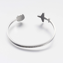 Stainless Steel Color 304 Stainless Steel Cuff Bangles, Travel Theme, Airplane and Earth, Stainless Steel Color, Inner Diameter: 2-1/2 inch(6.3cm)