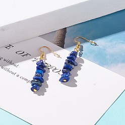 Lapis Lazuli Natural Lapis Lazuli Chip Beaded Dangle Earrings, Gemstone Drop Earrings for Women, Brass Jewelry, Golden, 50~54x7~11.5x5~8mm, Pin: 0.7mm