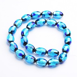 Dodger Blue Handmade Silver Foil Glass Oval Beads, Dodger Blue, 12x8mm, Hole: 1mm