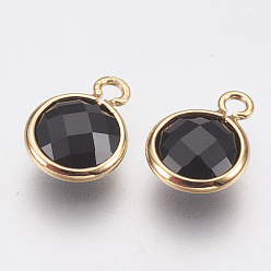 Black Glass Charms, with Brass Findings, Faceted Flat Round, Real 18K Gold Plated, Black, 9.5x7x3mm, Hole: 1.2mm