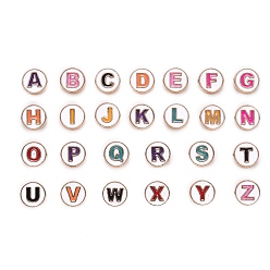 Letter A~Z Alloy Enamel Beads, Flat Round, Cadmium Free & Lead Free, Mixed Color, Light Gold, Letter A~Z, 10x3.5mm, Hole: 1.4mm, about 26pcs/set