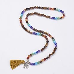 Tiger Eye Natural Gemstone Beads Necklaces, with Polyester Tassel and Alloy Findings, 29.1 inch(74cm)