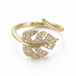 Real 16K Gold Plated Brass Micro Pave Clear Cubic Zirconia Cuff Rings, Open Rings, Nickel Free, Leaf, Real 16K Gold Plated, US Size 6 3/4(17.1mm)