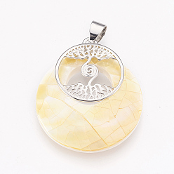 Other Sea Shell Natural Yellow Shell Pendants, with Platinum Tone Brass Findings, Flat Round with Tree of Life, 32x28x6mm, Hole: 4x5mm