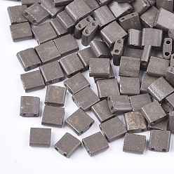 Gray 2-Hole Baking Paint Glass Seed Beads, Rectangle, Gray, 5x4.5~5.5x2~2.5mm, Hole: 0.5~0.8mm