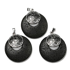 Lava Rock Natural Lava Rock Pendants, Spiritual Charms, with Platinum Tone Brass Findings, Flat Round with Flower of Life/Sacred Geometry, 32~32.5x28~30x7~7.5mm, Hole: 5x8mm