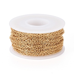 Golden Ion Plating(IP) 304 Stainless Steel Cable Chains, Diamond Cut Chains, Soldered, Faceted, with Spool, Oval, Golden, 2.5x1.7~1.8x0.5mm, about 32.8 Feet(10m)/roll