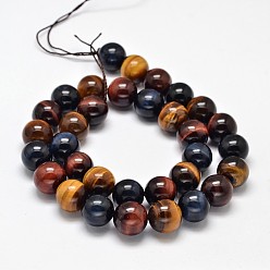 Tiger Eye Natural Tiger Eye Beads Strands, with Blue & Red Tiger Eye(Dyed & Heated), Above Grade A, Round, 6mm, hole: 1mm, about 63~65pcs/strand, 15 inch