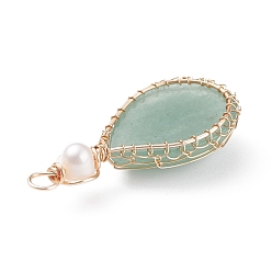 Green Aventurine Natural Green Aventurine Copper Wire Wrapped Pendants, with Grade A Natural Cultured Freshwater Pearl, Real 18K Gold Plated, Teardrop, 38~43x19~19.5x8~8.5mm, Hole: 3.5~3.8mm