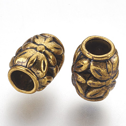 Antique Golden Tibetan Style Alloy Beads, Cadmium Free & Lead Free, Barrel with Flower, Antique Golden, 8.5x10.5mm, Hole: 4.5mm