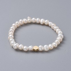 White Stretch Kids Bracelets, with Brass Beads, Grade A Natural Freshwater Pearl Beads and Burlap Packing Pouches Drawstring Bags, White, 1-3/4 inch(4.5cm)