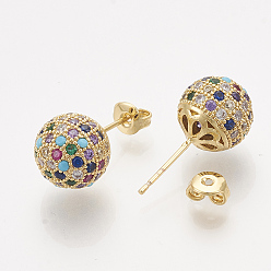 Golden Brass Cubic Zirconia Stud Earrings, with Ear Nuts, Round, Colorful, Golden, 21x10mm, Pin: 0.7mm