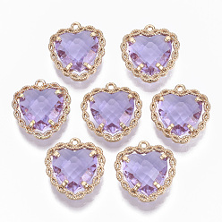 Lilac Glass Pendants, with Brass Open Back Settings, Faceted, Heart, Light Gold, Lilac, 18x16~17x5.5mm, Hole: 1.2mm