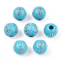 Pale Turquoise Plating Acrylic Beads, Silver Metal Enlaced, Round with Cross, Pale Turquoise, 8mm, Hole: 2mm, about 1800pcs/500g
