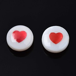Red Natural Freshwater Shell Beads, with Enamel, Flat Round with Heart, Red, 8x4.5mm, Hole: 0.6mm
