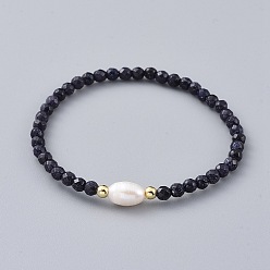 Blue Goldstone Synthetic Blue Goldstone Beads Stretch Bracelets, with Brass Beads and Natural Pearl Beads, 2-1/2 inch(6.4cm)