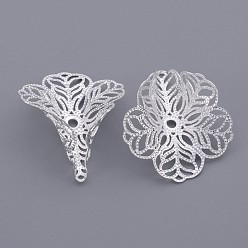Silver Brass Fancy Bead Caps, Filigree, Flower, 3-Petal, Silver Color Plated, 29x24mm, Hole: 1.2mm
