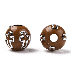 Saddle Brown Plating Acrylic Beads, Silver Metal Enlaced, Round with Cross, Saddle Brown, 8mm, Hole: 2mm, about 1800pcs/500g