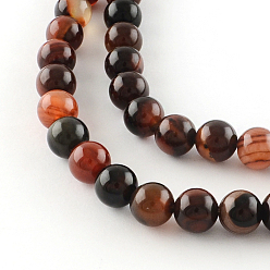 Chocolate Dyed Natural Striped Agate/Banded Agate Round Bead Strands, Chocolate, 4mm, Hole: 1mm, about 95pcs/strand, 15.7 inch