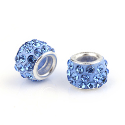 Saphir Clair  Argile polymère strass perles européennes, Perles avec un grand trou   , rondelle, avec noyaux en laiton plaqué couleur argent, saphir clair, 10~12x7~8mm, Trou: 5mm