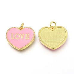 Mixed Color Brass Enamel Pendants, Long-Lasting Plated, Real 18K Gold Plated, with Jump Rings, for Valentine's Day, Heart with Word LOVE, Mixed Color, 17.5x20x2.5mm, Hole: 3mm