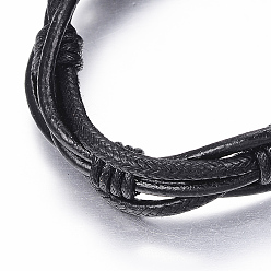 Black Adjustable Braided Cowhide Leather and Waxed Cord Multi-Strand Bracelets, Black, 2-1/8 inch~3-1/8 inch(55~80mm)