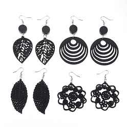 Black Trendy Wood Dangle Earrings, with Platinum Tone Alloy Earring Hooks, Mixed Shapes, Black, 65~100x28.5~50mm, pin: 0.8mm