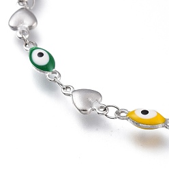 Colorful 304 Stainless Steel Link Bracelets, with Enamel and Lobster Claw Clasps, Evil Eye & Heart, Stainless Steel Color, Colorful, 8-1/4 inch(21cm), Eye: 11x4x2.5mm