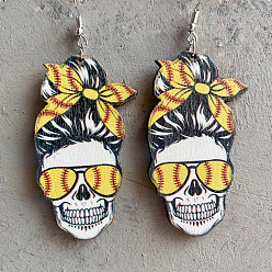 Yellow Natural Wood Dangle Earrings, with Iron Earring Hooks, Skull with Spectacles, Platinum, Yellow, 80mm