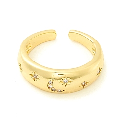 Real 18K Gold Plated Clear Cubic Zirconia Moon and Star Open Cuff Ring for Women, Cadmium Free & Lead Free, Real 18K Gold Plated, US Size 6 1/2(16.9mm)