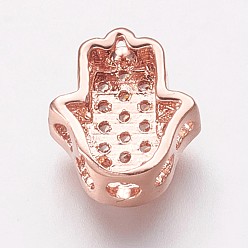 Rose Gold Brass Cubic Zirconia Beads, Hamsa Hand/Hand of Fatima/Hand of Miriam, Clear, Rose Gold, 9.5x8.5x4mm, Hole: 2mm
