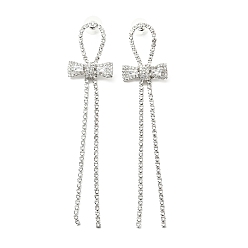 Bowknot Crystal Rhinestone & Clear Cubic Zirconia Stud Earrings, Brass Long Tassel Drop Earrings with 925 Sterling Silver Pin for Women, Platinum, Bowknot Pattern, 114mm, Pin: 0.8mm