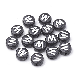 Letter W Opaque Acrylic Beads, Horizontal Hole, Alphabet Style, Flat Round, Letter.W, 7x4mm, Hole: 1.5mm, about 3700pcs/500g