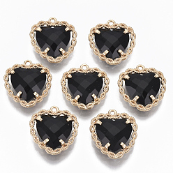 Black Glass Pendants, with Brass Open Back Settings, Faceted, Heart, Light Gold, Black, 18x16~17x5.5mm, Hole: 1.2mm