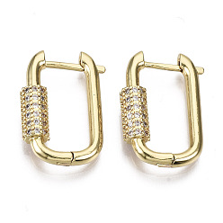 Clear Brass Micro Pave Cubic Zirconia Huggie Hoop Earring, Oval, Nickel Free, Real 16K Gold Plated, Clear, 22x15x5mm, Pin: 1.3mm