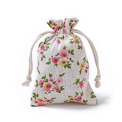 Colorful Burlap Packing Pouches, Drawstring Bags, Rectangle with Flower Pattern, Colorful, 14~14.4x10~10.2cm