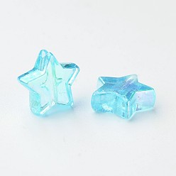 Sky Blue Eco-Friendly Transparent Acrylic Beads, Star, Sky Blue, AB Color, about 10mm in diameter, 4mm thick, hole:1.5mm. about 2140pcs/500g