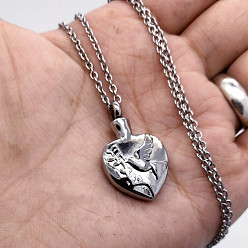 Platinum Alloy Heart with Bird Urn Ashes Pendant Necklace, Memorial Jewelry for Men Women, Platinum, 19.69 inch(50cm)
