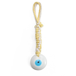 White Flat Round with Evil Eye Resin Pendant Decorations, Cotton Cord Braided Hanging Ornament, White, 135mm