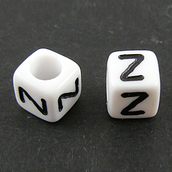 Letter Z Lettre acrylique européenne perles, trou horizontal, cube, letter.z, 10x10x10mm, Trou: 3.5~4mm, environ598 pcs / 500 g