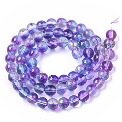 Blue Violet Transparent Spray Painted Glass Bead Strands, with Golden Foil, Round, Blue Violet, 6~7mm, Hole: 1.2~1.5mm, about 65~67pcs/Strand, 14.76 inch~15.12 inch(37.5~38.4cm)