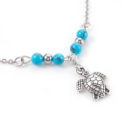 Antique Silver & Platinum Synthetic Turquoise Charms Anklets, with Tibetan Style Alloy Pendants, 304 Stainless Steel Findings and Iron Eye Pin, Sea Turtle, Antique Silver & Platinum, 9-7/8 inch(25.1cm), Pendant: 16x12.5x3mm