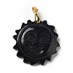 Blue Goldstone Synthetic Blue Goldstone Pendants, with Golden Tone Brass Findings, Lead Free & Cadmium Free, Sun with Smiling Face, 42x34~35x10.5mm, Hole: 3.8x5mm