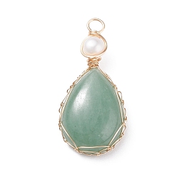 Green Aventurine Natural Green Aventurine Copper Wire Wrapped Pendants, with Grade A Natural Cultured Freshwater Pearl, Real 18K Gold Plated, Teardrop, 38~43x19~19.5x8~8.5mm, Hole: 3.5~3.8mm