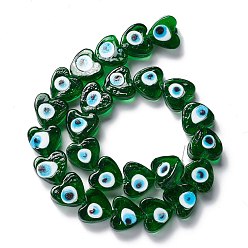 Green Handmade Evil Eye Lampwork Beads, Heart, Green, 14.5~15x15.5~16x6.5~7.5mm, Hole: 1~1.6mm, about 25pcs/strand, 14.02~13.66 inch(34.7~35.6cm)